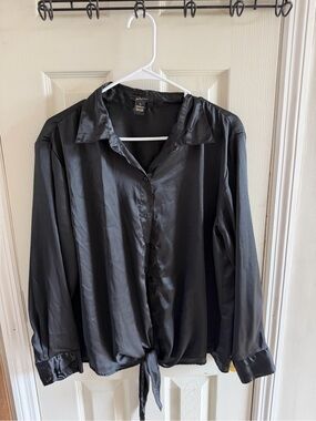 Satin Tie-Hem Button-Up Blouse- Black